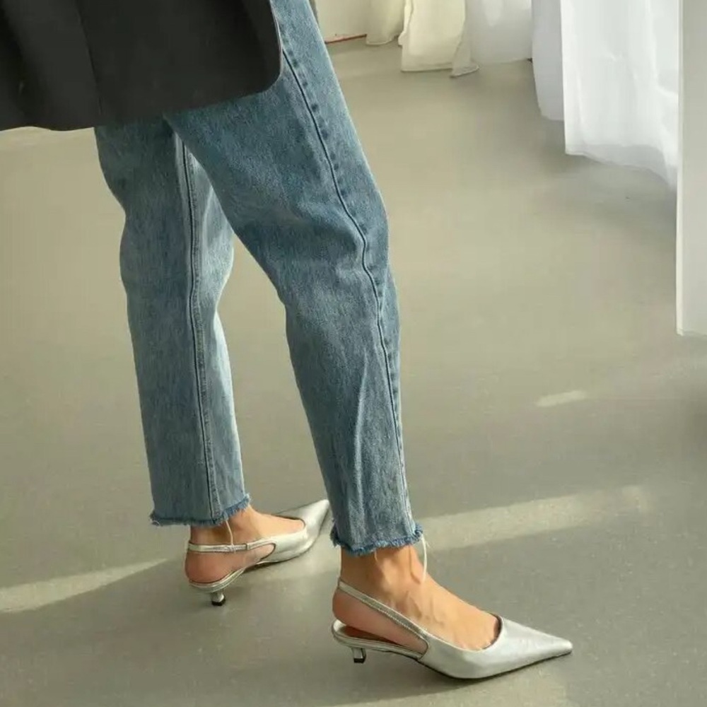 Metallic Silver Slingback Heels, Kitten heels